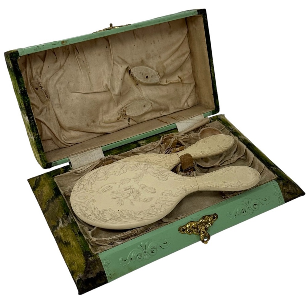 Antique Victorian Edwardian Dresser Box Mirror Hair Brush Set Celluloid